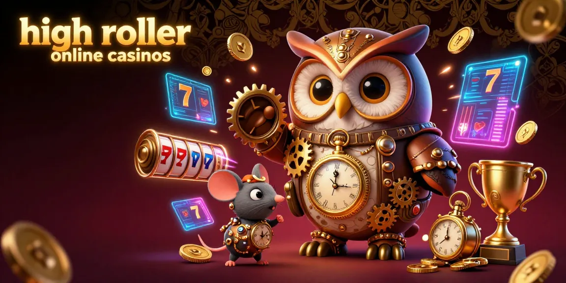 Spin big at high roller online casinos with dynamic slot reels and a steampunk owl in a vibrant casino scene.