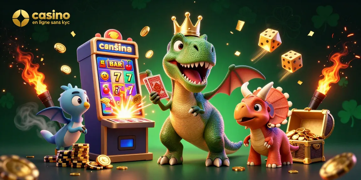 Jouez au casino en ligne sans KYC avec un T-Rex et ses amis dans un univers de jackpots et de jeux colorés.