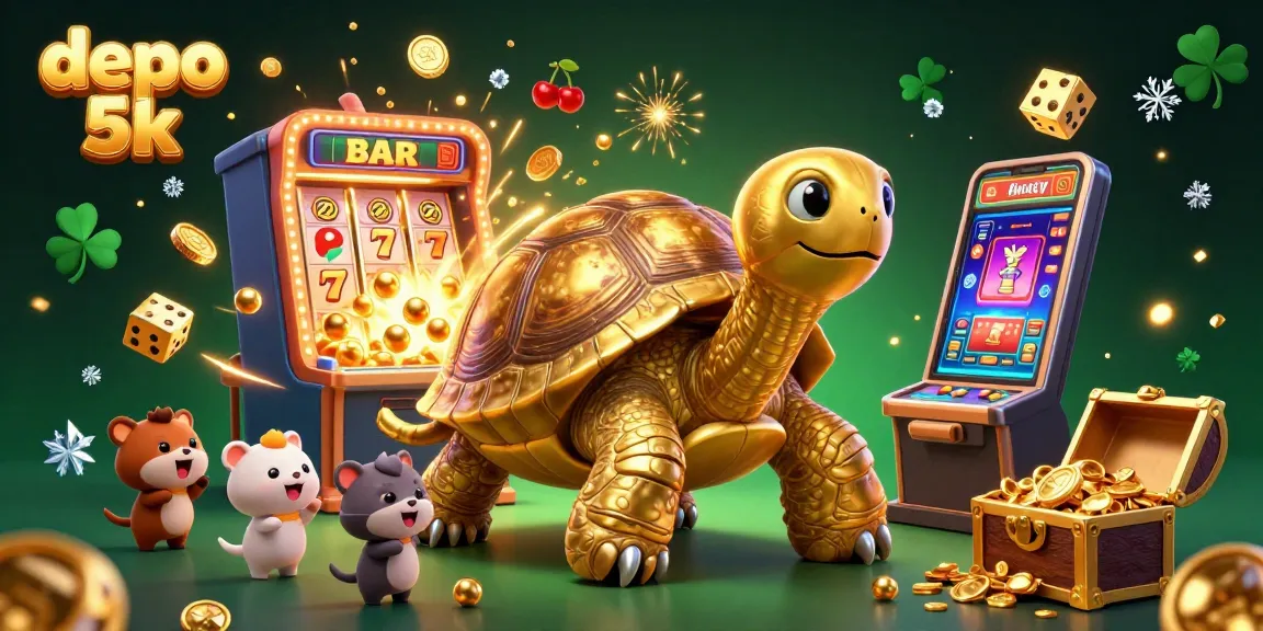Experience thrilling wins at depo 5k with a golden tortoise pinball machine surrounded by slot machines, coins, and fun!