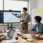 Marketing team strategizing to buy likes on TikTok for enhanced engagement in a vibrant office.