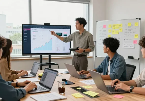 Marketing team strategizing to buy likes on TikTok for enhanced engagement in a vibrant office.