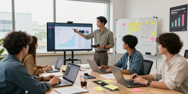Marketing team strategizing to buy likes on TikTok for enhanced engagement in a vibrant office.