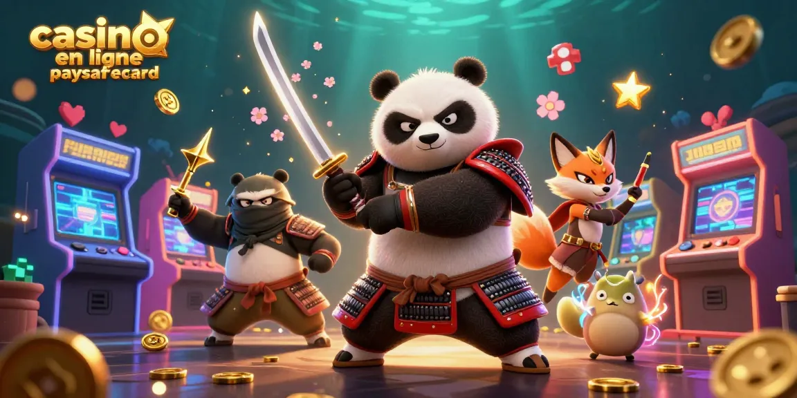 Jouez au casino en ligne paysafecard avec une intense illustration 3D colorée montrant un panda samouraï et un renard ninja.