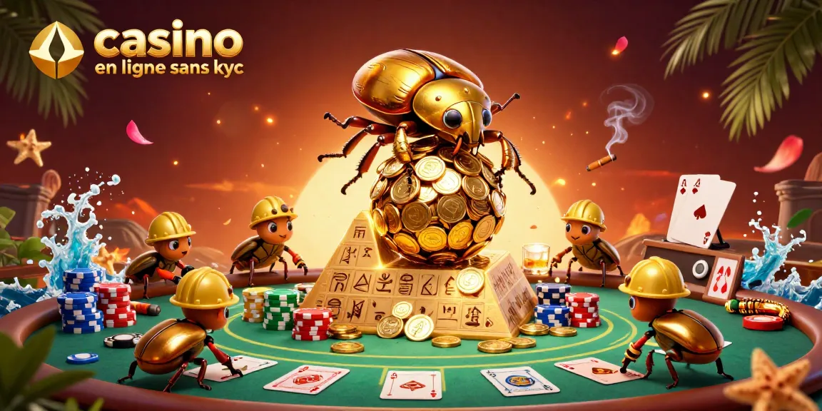 Découvrez le monde du casino en ligne sans KYC avec une illustration 3D captivante de scarabées en or.