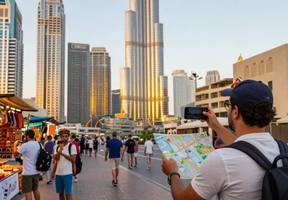 Where Can I Find High Grade Weed In Dubai (UAE) As A Tourist – Approved Guide showcasing a vibrant traveler exploring Dubai's bustling streets.