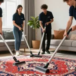 Professional rug cleaning company revitalizing an elegant rug in a stylish home