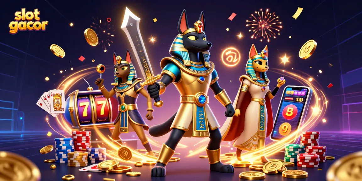 Spin the slot gacor reels with Anubis and Bastet amidst golden coins and stunning casino graphics.