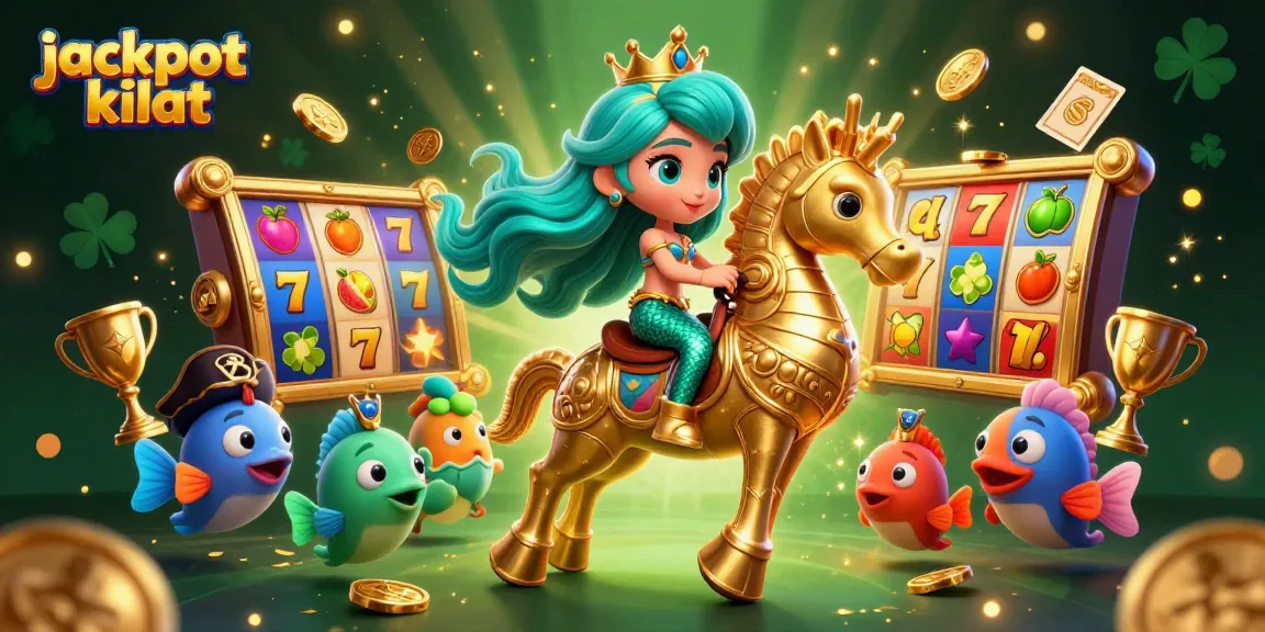 Experience the thrill of jackpot kilat with a vibrant 3D scene featuring a mermaid princess and golden seahorse among slot game elements.