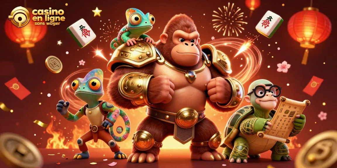 Visuel captivant de casino en ligne sans wager avec des personnages animés et des éléments de jeu colorés