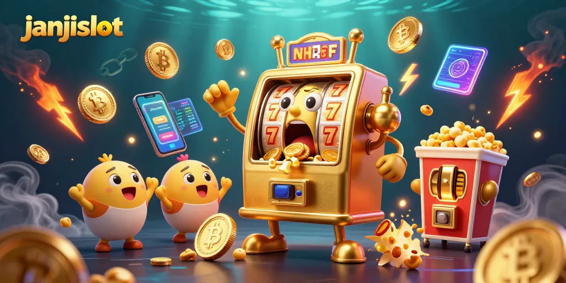 janjislot showcases a jubilant slot machine hitting a jackpot, surrounded by coins and vibrant crypto elements.