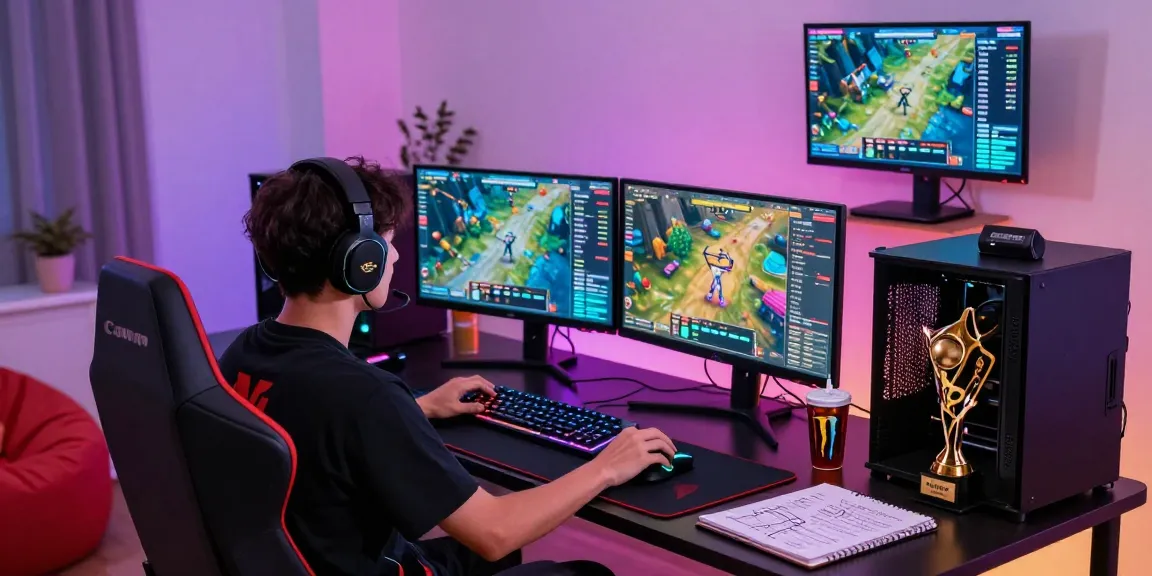 Engaged gamer surrounded by gaming gear and vibrant screens portraying kecak4d experience.