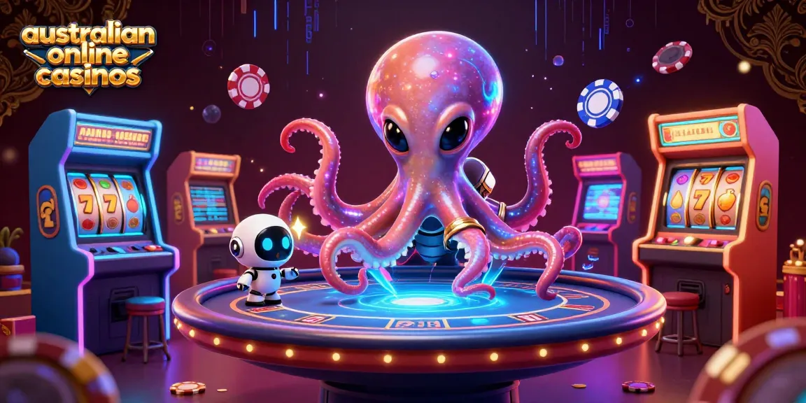 Experience immersive gaming at australian online casinos with an alien octopus and vibrant casino elements.