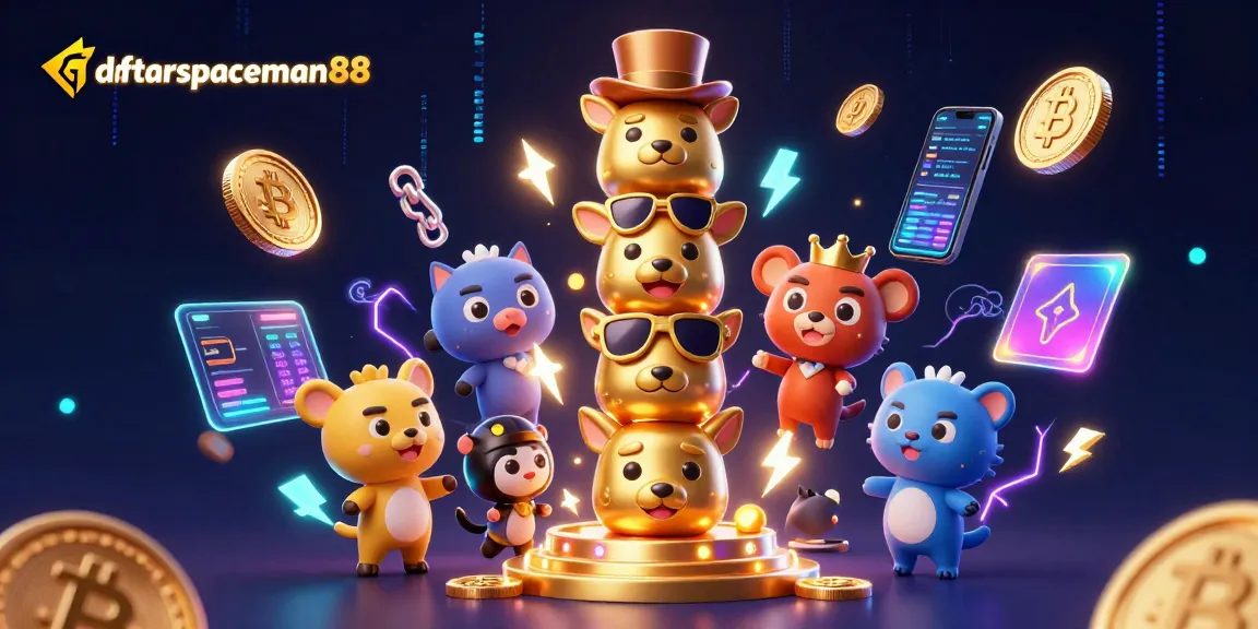 Engage with daftar spaceman88 at a lively online casino atmosphere featuring vibrant characters and crypto elements.
