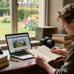 Immersive reading experience at https://tyntescastle.com, showcasing a storyteller surrounded by historical artifacts and a laptop.