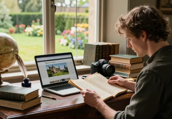 Immersive reading experience at https://tyntescastle.com, showcasing a storyteller surrounded by historical artifacts and a laptop.