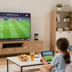 Famille profitant de l'iptv belgique dans leur salon moderne.