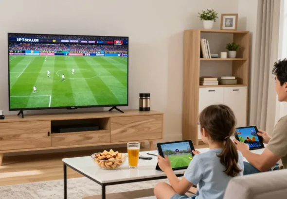 Famille profitant de l'iptv belgique dans leur salon moderne.