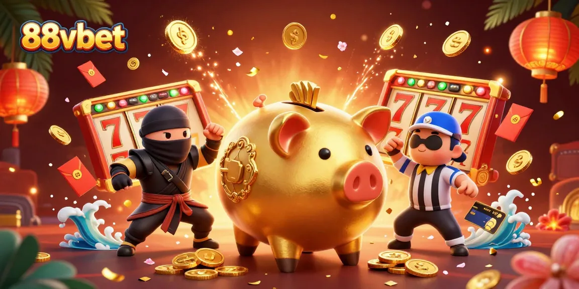 Experience exciting moments at 88vbet with a golden piggy bank sumo wrestler and dynamic casino elements!