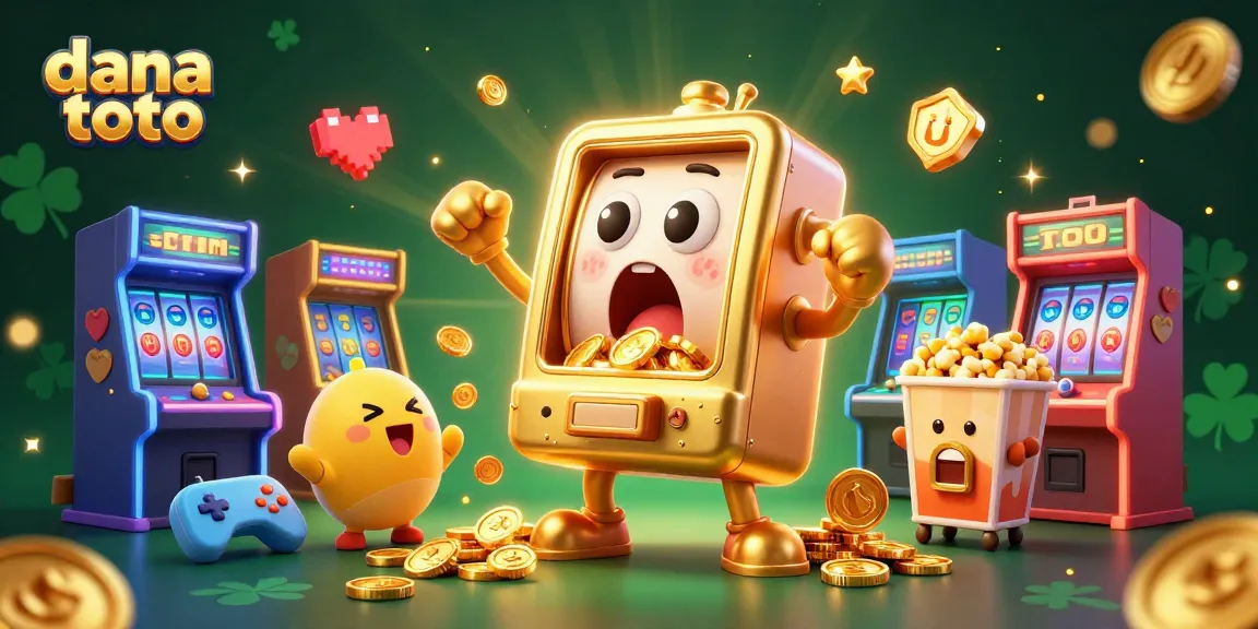 Catch the excitement of dana toto as the golden slot machine hits a jackpot, surrounded by vibrant 3D arcade elements.