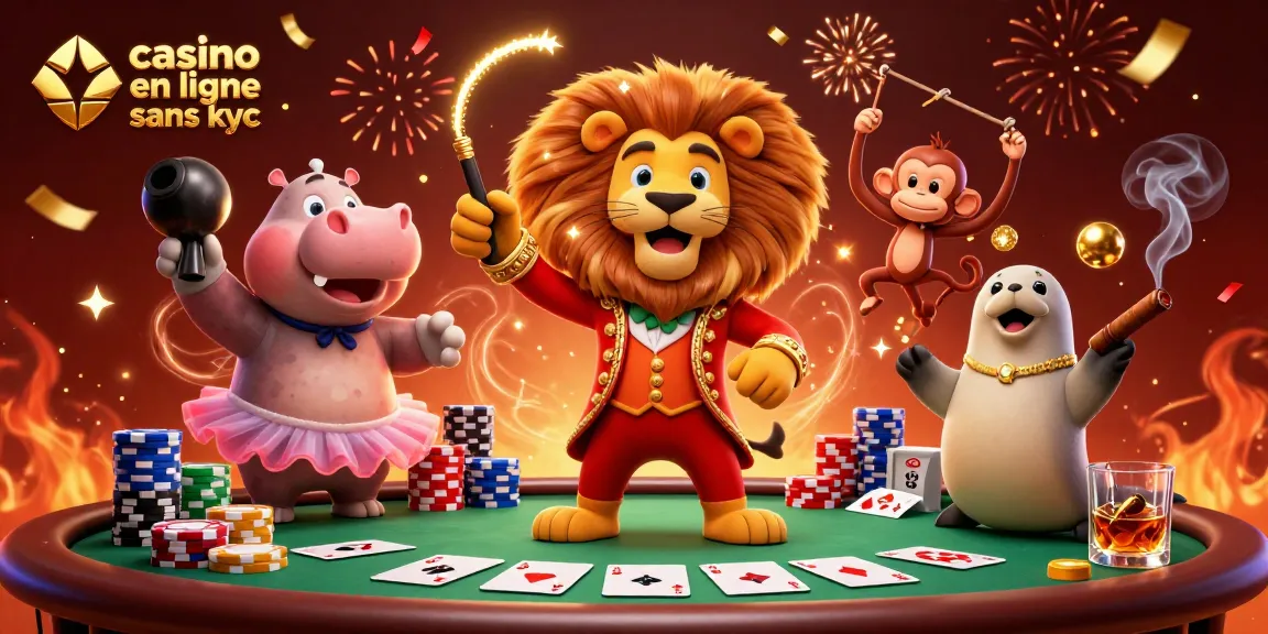 Jouez dans un casino en ligne sans KYC avec un lion maître de cérémonie et des animaux festifs autour d'une table de poker