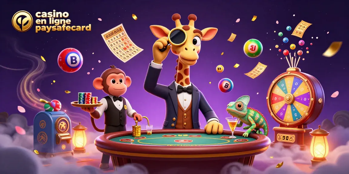 Accédez à l'excitation de casino en ligne paysafecard avec une girafe élégante, valet et cocktails dorés.