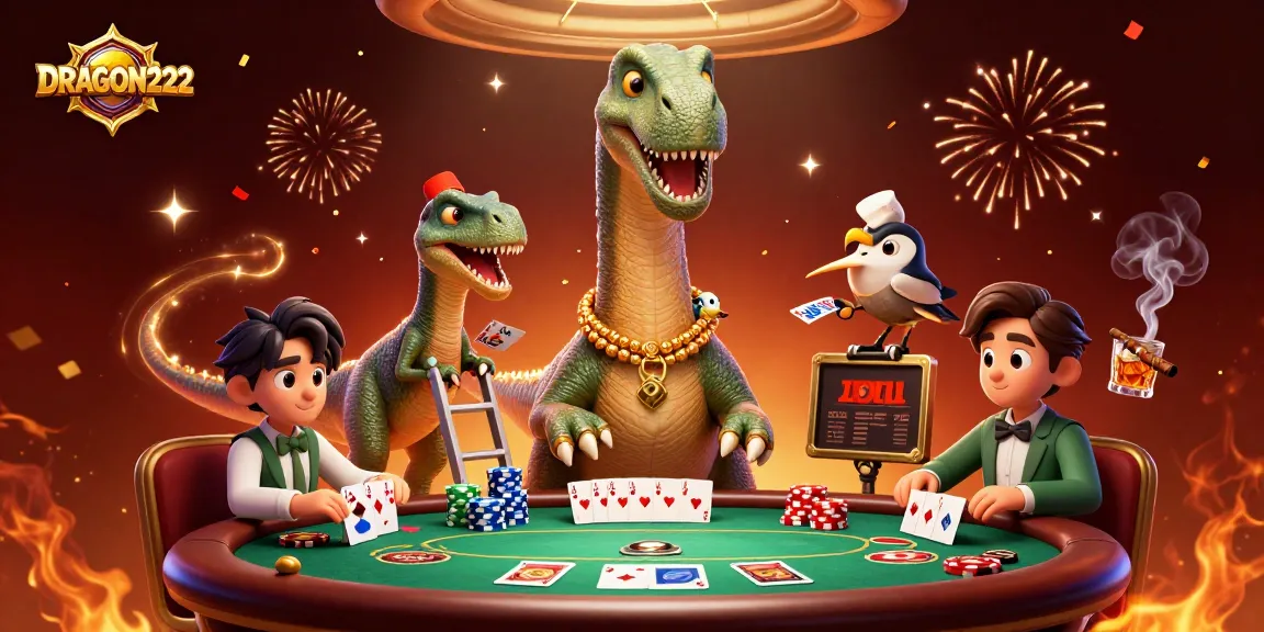 Join the playful excitement at DRAGON222 as giant characters engage in a thrilling poker game.