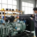Technician inspecting a generator in a modern manufacturing facility, showcasing expertise of a generator manufacturer.