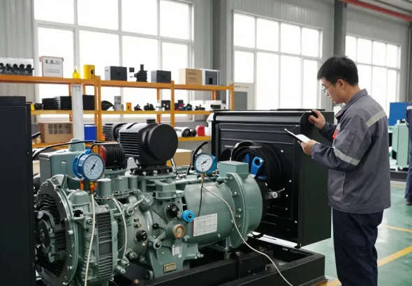 Technician inspecting a generator in a modern manufacturing facility, showcasing expertise of a generator manufacturer.