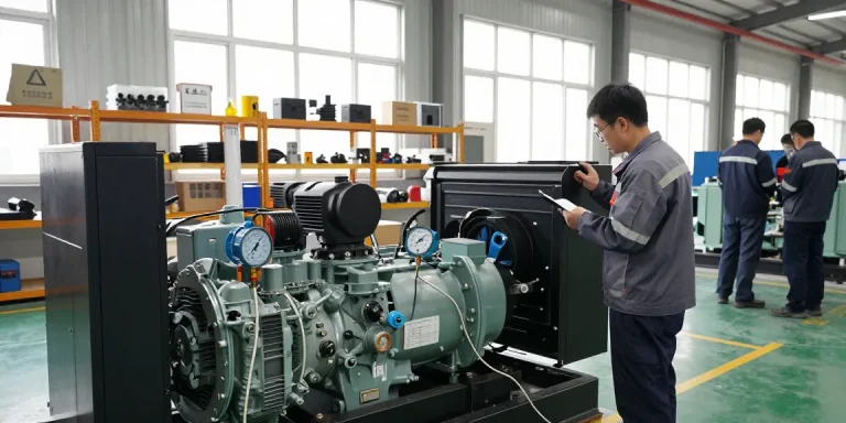 Technician inspecting a generator in a modern manufacturing facility, showcasing expertise of a generator manufacturer.