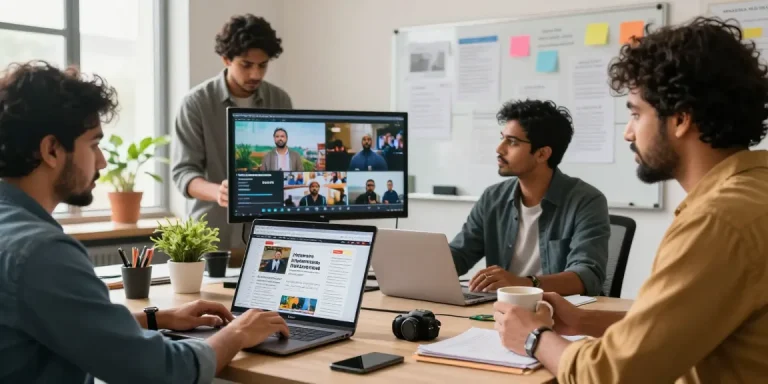 Dynamic newsroom at https://www.theindaily.com, featuring journalists collaborating and engaging with current Indian news stories.