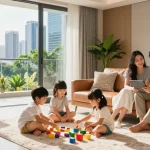Dover Residences family enjoying modern living space with skyline views and natural light.