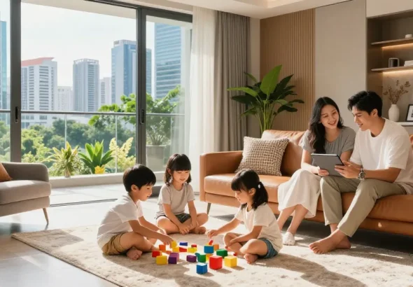 Dover Residences family enjoying modern living space with skyline views and natural light.