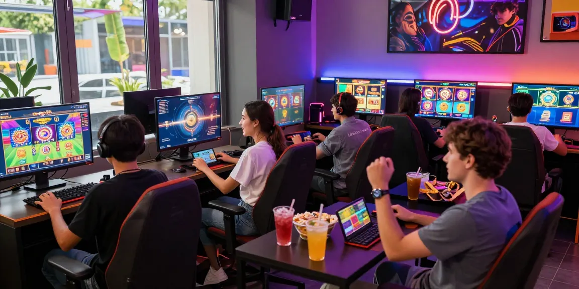 Engaged players enjoying Oppa86's online slots in a lively gaming lounge atmosphere.