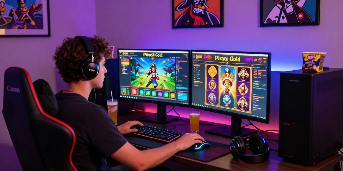 Engaging gaming scene with "Pirate Gold" slot game interface and gamer setup.