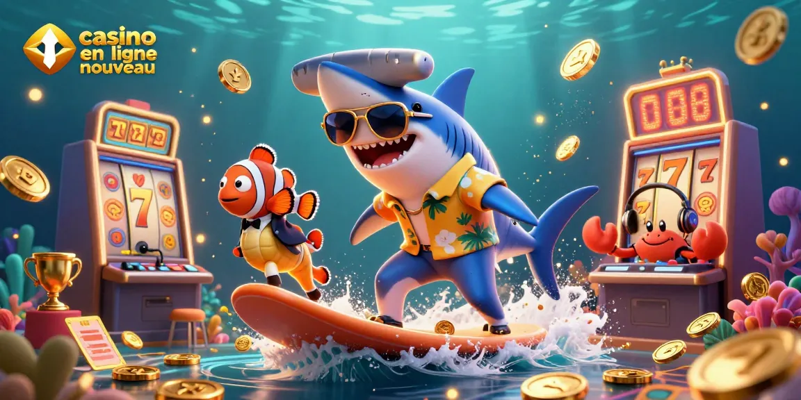 Illustration artistique de casino en ligne nouveau avec un requin et d'autres personnages animés.
