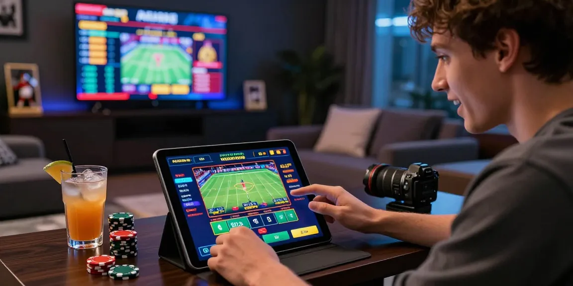 Engaging online betting scene with link alternatif raja328 displayed on tablet, showcasing modern lounge atmosphere.